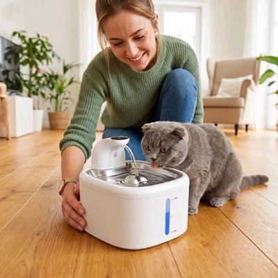 Fontaine a eau Chat avec une femme et son chat