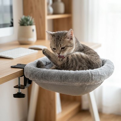 Hamac pour Chat fixé au bureau d'ordinateur