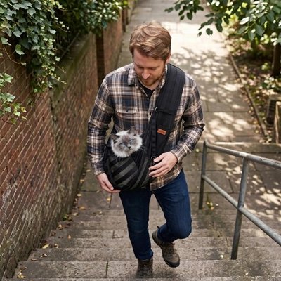 Sac de transport Chat et homme montant les escaliers